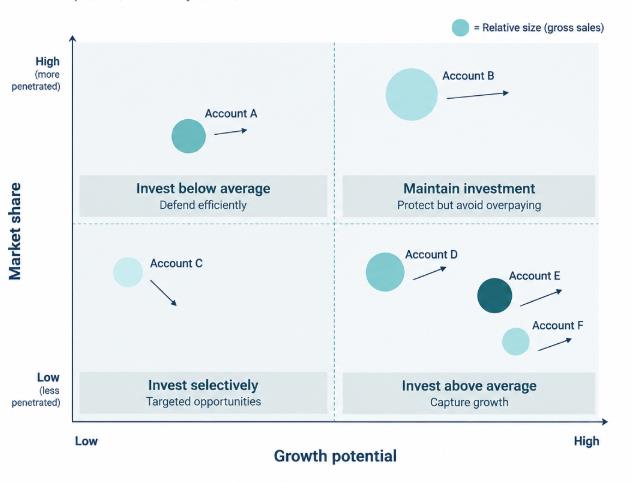 Matrix of market share versus growth potential for accounts A to F, with investment guidance per quadrant